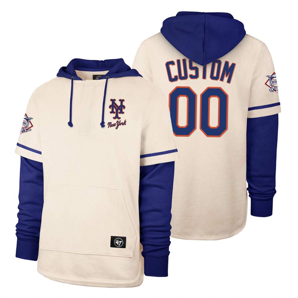 Men New York Mets #00 Custom Cream 2021 Pullover Hoodie MLB Jersey